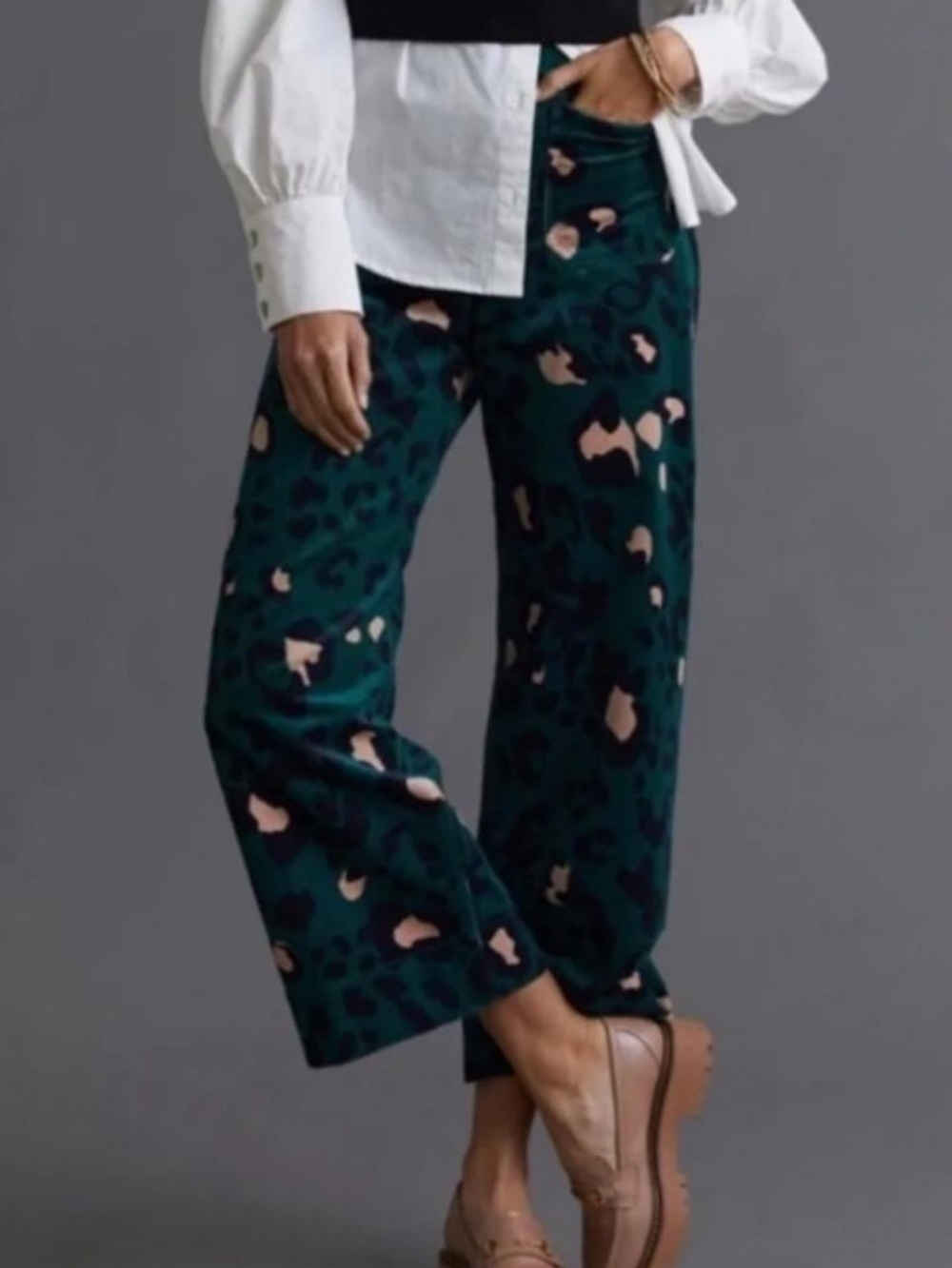 Anthropologie Mauve Colette Dark Green and Pink Leopard Corduroy 27
